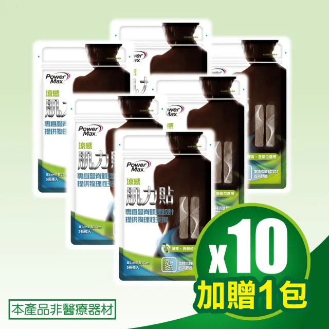 【POWERMAX 給力貼】腰背涼感肌力貼10包超值組[加贈1包](腰背/貼布/清涼涼感/不含藥/痠痛酸痛貼布/肌貼)