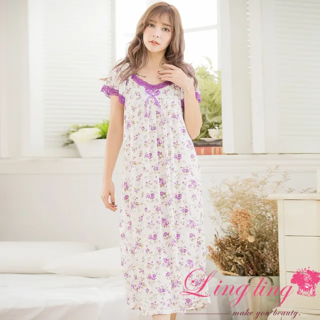 【lingling】PA3403全尺碼-牛奶絲花朵短袖長版連身裙睡衣(亮眼紫)