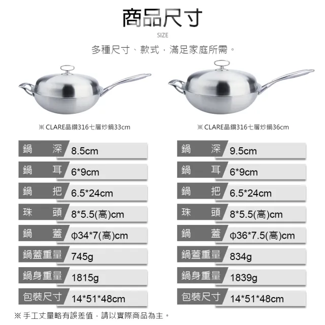 【CLARE 可蕾爾】晶鑽316七層炒鍋40CM單把附蓋(台灣製造316不鏽鋼)