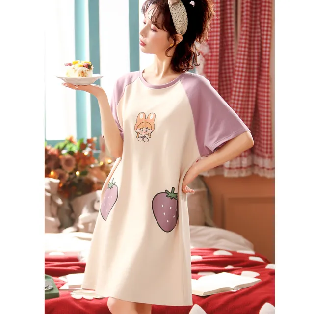 【Secret Lover】米紫色雙莓果 可外穿居家服 連身睡衣SL22055(女短袖可外穿居家服睡衣)