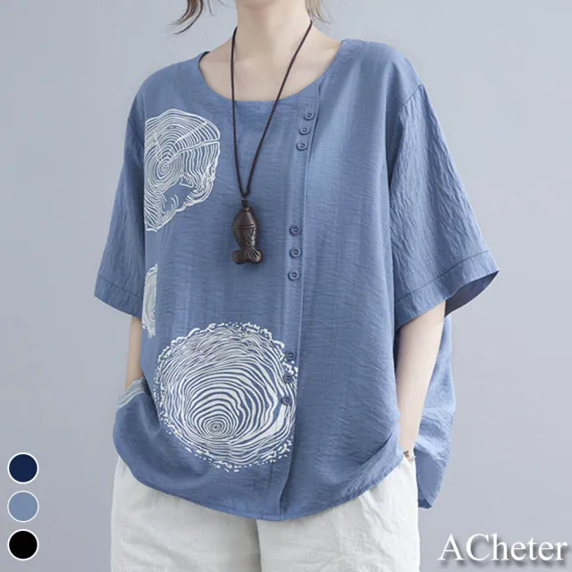 【ACheter】大碼藝術印花拼接棉麻感寬鬆圓領中長版短袖上衣#109113(4款任選)