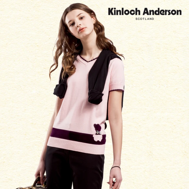 Kinloch Anderson 金安德森女裝 親膚V領撞色條紋短袖上衣(針織-棉質-粉/淺紫)