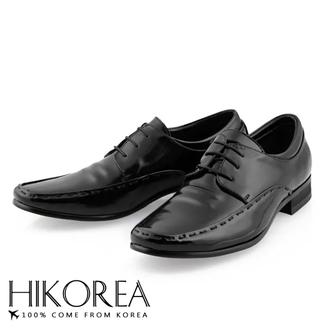 【HIKOREA】韓國空運。簡約亮面皮革粗針縫線裝飾紳士皮鞋 正裝 厚底 男皮鞋(73-385/現貨+預購)