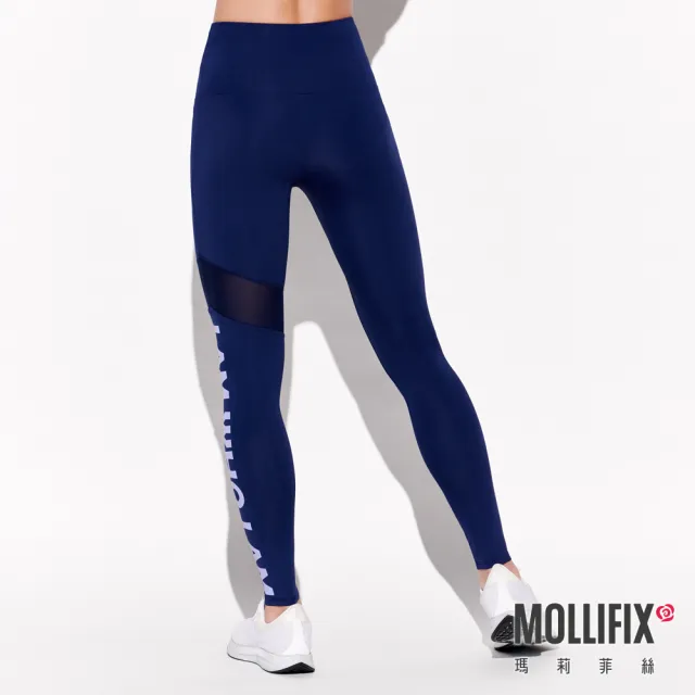 【Mollifix 瑪莉菲絲】不對稱透網高腰動塑褲、瑜珈服、Legging(經典藍)