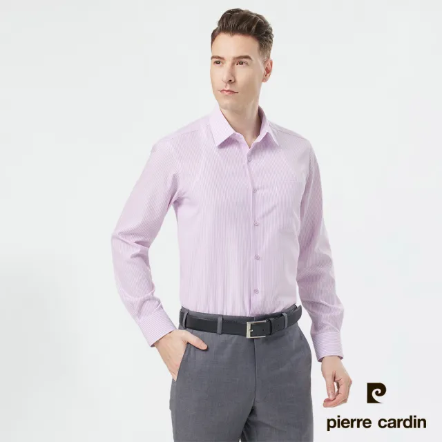 【pierre cardin 皮爾卡登】男襯衫 涼感機能抗皺順滑舒適條紋長袖襯衫_白色粉條(62854-71)