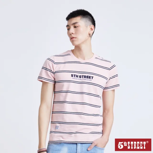 【5th STREET】雙11 中性 短袖 短t 上衣 t恤 TEE logo 條紋 棉質 粉紅(570863)