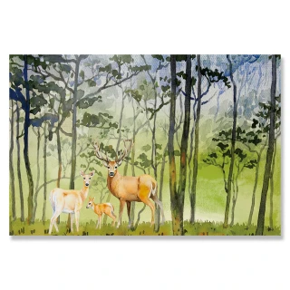 【24mama 掛畫】單聯式 油畫布 動物 藝術 生態草地 藝術繪畫 森林 風景 無框畫-60x40cm(鹿家庭)
