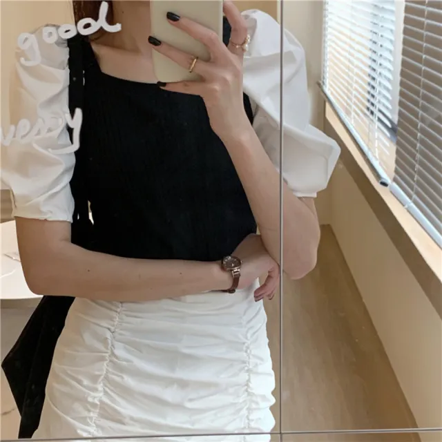 【BBHONEY】韓版修身顯瘦拼接泡泡袖針織上衣(網美必備款)