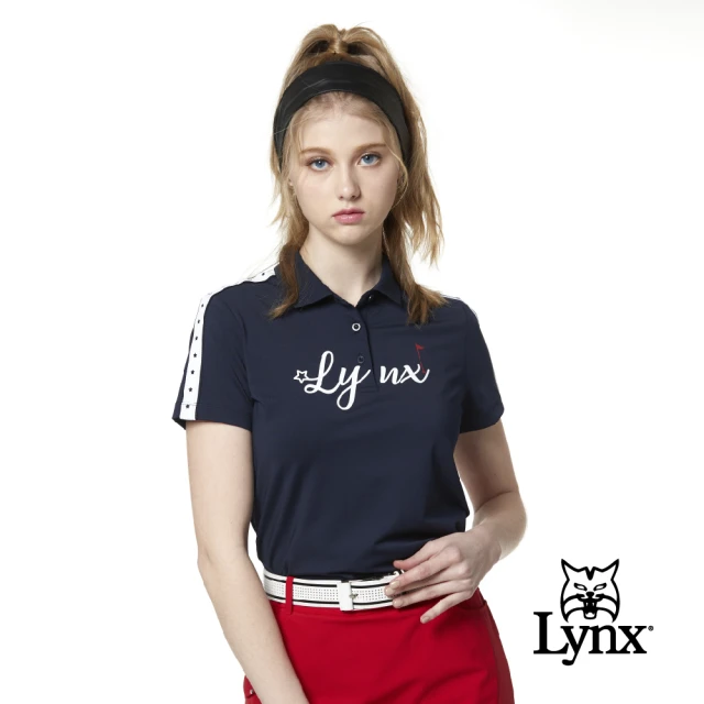 【Lynx Golf】korea 女款兩肩織標設計Lynx字樣印花短袖POLO衫/高爾夫球衫(深藍色)