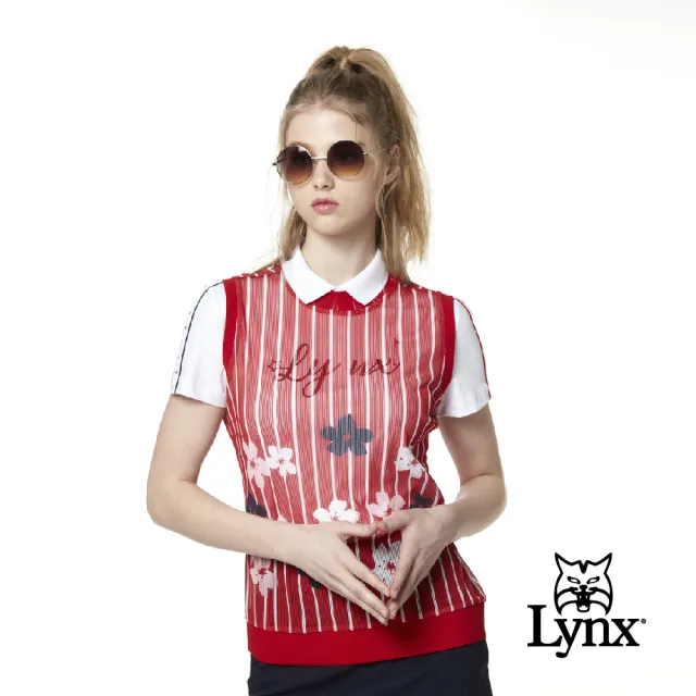 【Lynx Golf】korea 女款直條紋花卉印花透氣薄紗無袖背心(紅色)
