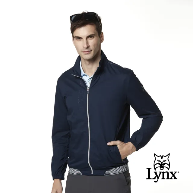 【Lynx Golf】korea 男款透氣沖孔設計拉鍊口袋長袖外套(深藍色)