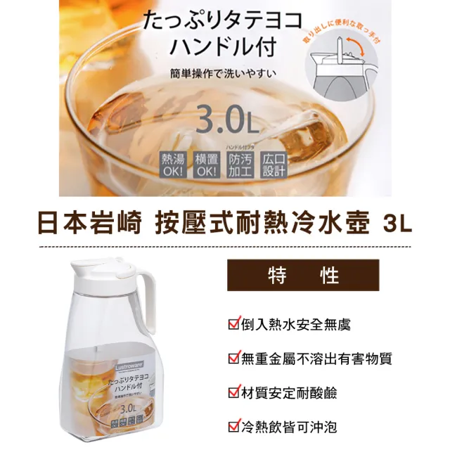 【買一送一】Lustroware日本岩崎按壓式耐熱冷水壺3L