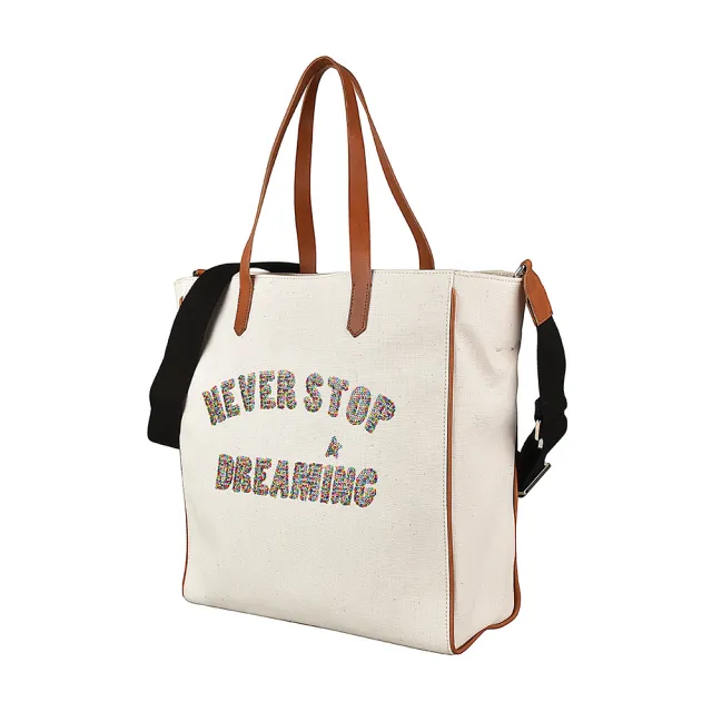 【GOLDEN GOOSE】GOLDEN GOOSE NEVER STOP DREAMING黑字LOGO亮片設計帆布肩背斜背包(米)