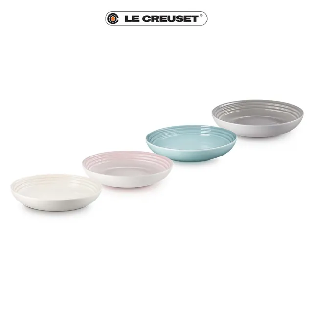 【Le Creuset】瓷器悠然恬靜系列義麵盤組22cm-4入(蛋白霜/貝殼粉/海洋之花/迷霧灰)