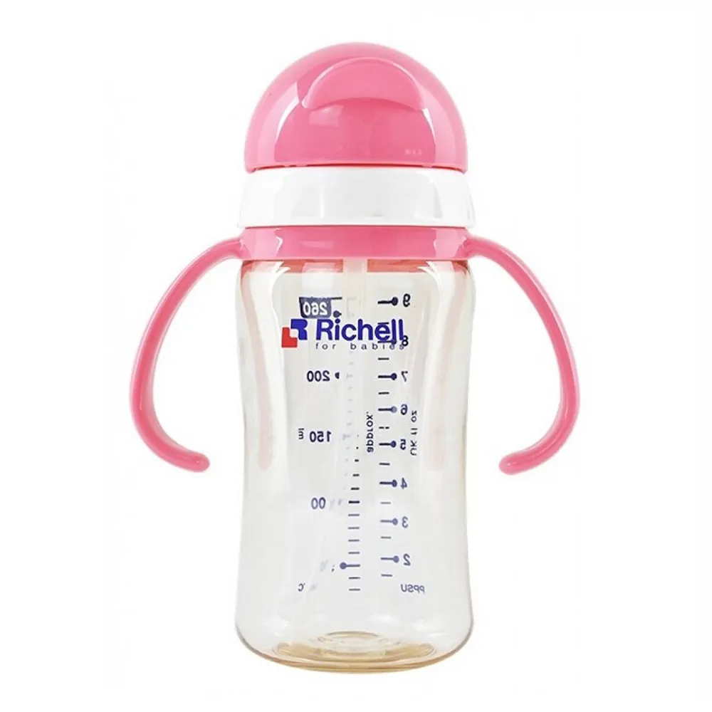 【Richell 利其爾】官方授權_ PPSU吸管哺乳瓶 260ML - 藍(也可當水杯使用)