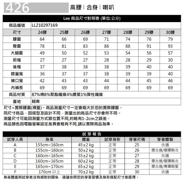 【Lee】出清品-女裝 牛仔褲 / 426 高腰修身喇叭 深灰洗水 / 101+ 系列(LL210297169)