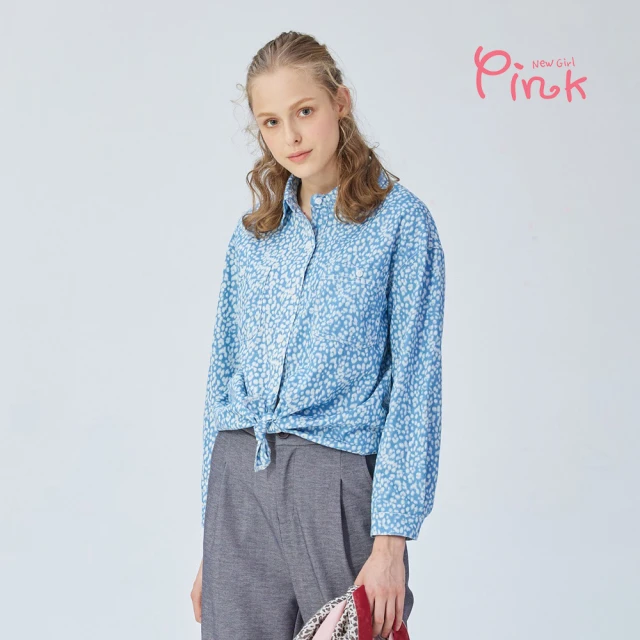 【PINK NEW GIRL】休閒率性豹紋印花長袖棉襯衫J1208AQ(淺藍色)