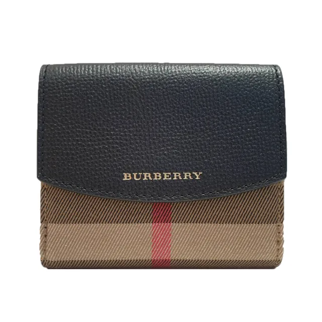 【BURBERRY 巴寶莉】經典LOGO格紋帆布拼牛皮6卡釦式短夾