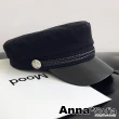 【AnnaSofia】海軍帽貝蕾帽報童帽鴨舌帽-雙辮帶雙飾釦革簷 現貨(黑頂系)