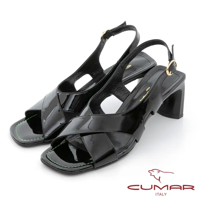 【CUMAR】時髦復古方頭漆皮大交叉扁跟涼鞋(黑亮漆皮)