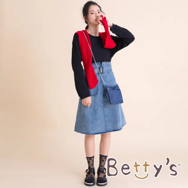 【betty’s 貝蒂思】圓領棉T拼接牛仔洋裝(黑色)