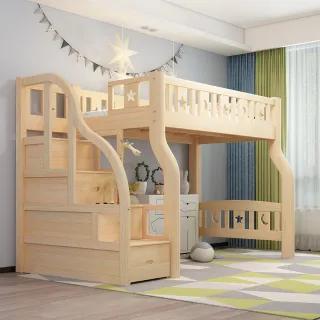 【HABABY】兒童高架床 原木階梯款-標準單人尺寸+5公分乳膠(架高床、標準單人床架、含床墊套組)