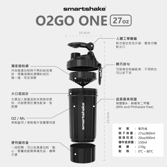 【SmartShake】O2GO ONE 雙層搖搖杯｜27oz｜4色可選(Blender Bottle/運動水壺/乳清蛋白)