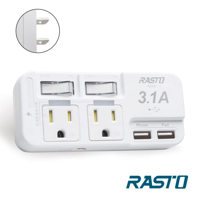 【RASTO】FP1二開二插三孔二埠 USB壁插