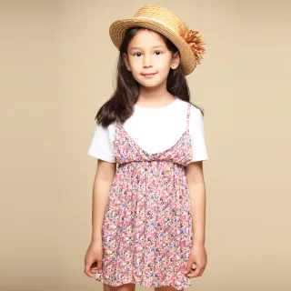 【Azio Kids 美國派】女童 洋裝 滿版彩色小花印花假兩件吊帶短袖洋裝(粉)