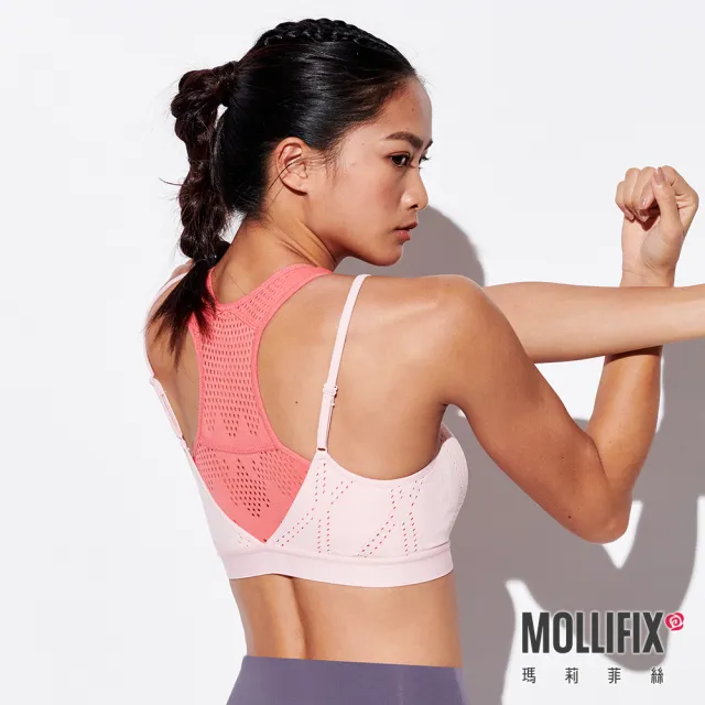 【Mollifix 瑪莉菲絲】A++雙層包覆運動BRA、瑜珈服、無鋼圈、運動內衣(粉+橘)