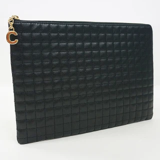 【CELINE】CELINE金字LOGO絎縫格紋設計牛皮2卡拉鍊手拿包(黑)