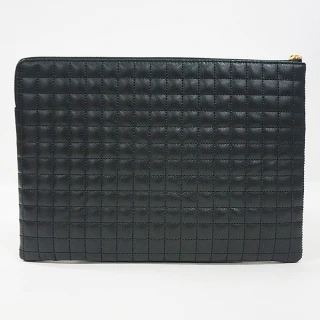 【CELINE】CELINE金字LOGO絎縫格紋設計牛皮2卡拉鍊手拿包(黑)