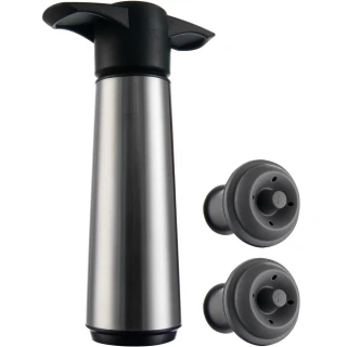 【VACU VIN】荷蘭 抽真空器+瓶塞2入 銀  / 紅酒塞 真空瓶塞 保鮮瓶塞 葡萄酒塞 母親節禮物