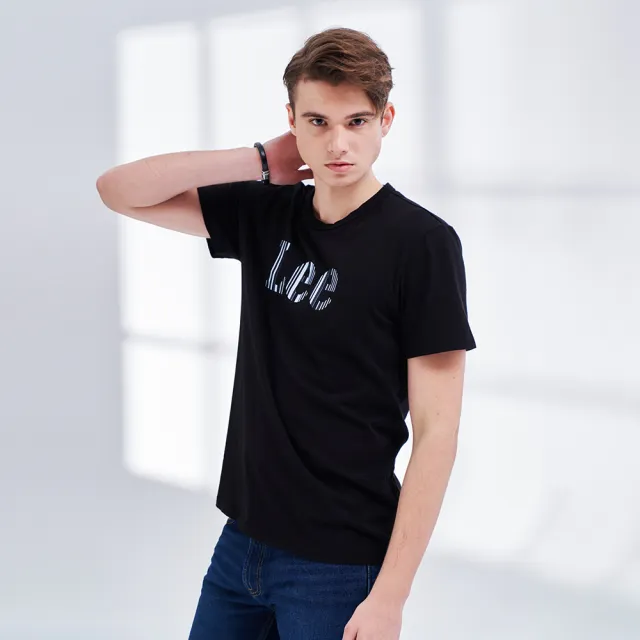【Lee 官方旗艦】男裝 短袖T恤 / 豎條紋 大LOGO 氣質黑 標準版型(LL210150K11)