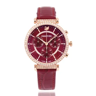 【SWAROVSKI 施華洛世奇】PASSAGE CHRONO 紅色典雅三眼計時皮革錶帶腕錶 手錶 女錶 母親節(5580345)