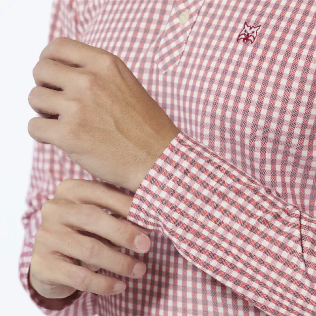 【Lynx Golf】男款吸排防菌多功能經典格紋款Lynx植絨設計長袖POLO衫/高爾夫球衫(紅色)