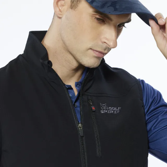 【Lynx Golf】男款防潑水功能拉鍊胸袋款夾標設計無袖背心(黑色)