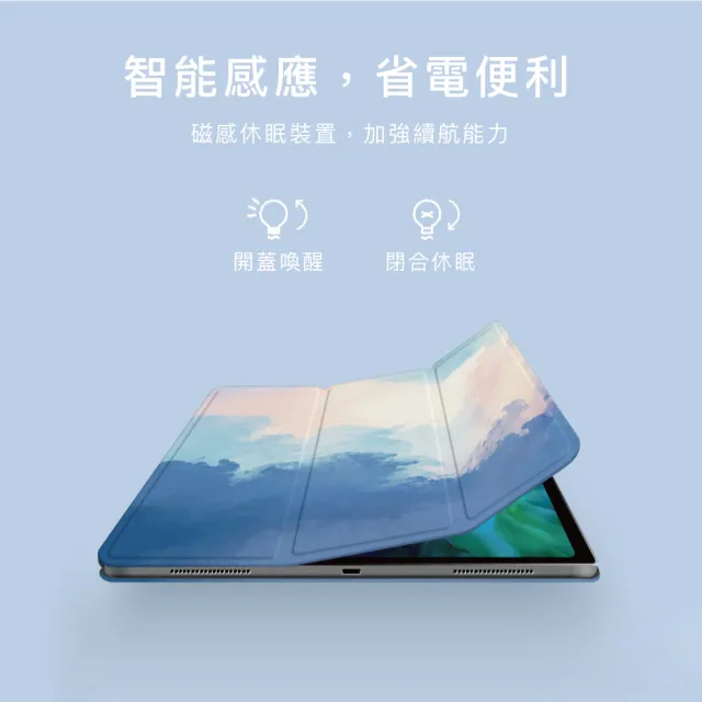 【BOJI 波吉】iPad Air 4/5/Pro 11 2018 三折式可吸附筆磁吸搭扣筆槽磁吸夾 文藝風海底藍