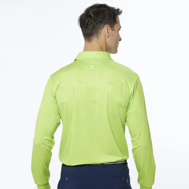 【Lynx Golf】男款合身版吸濕排汗Lynx Golf字樣線條印花長袖POLO衫/高爾夫球衫(黃綠色)