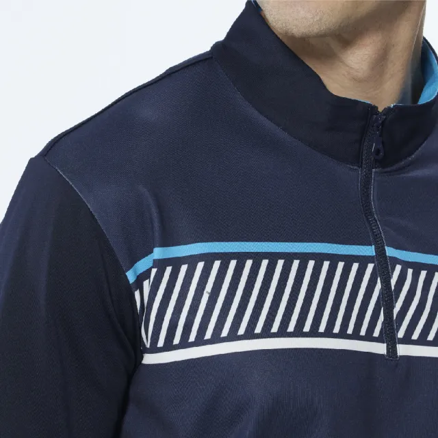 【Lynx Golf】男款吸濕排汗厚款極簡風線條印花長袖立領POLO衫/高爾夫球衫(深藍色)