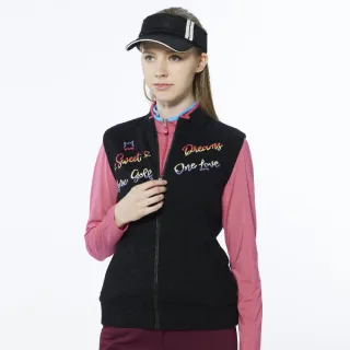 【Lynx Golf】女款保暖羊毛混紡彩色文字緹花領緣配色無袖立領背心(黑色)