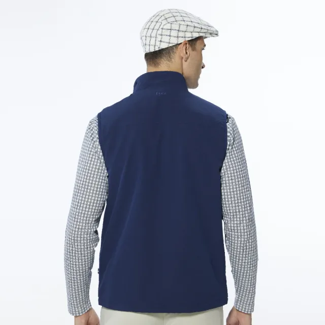 【Lynx Golf】男款防潑水功能拉鍊胸袋款夾標設計無袖背心(深藍色)
