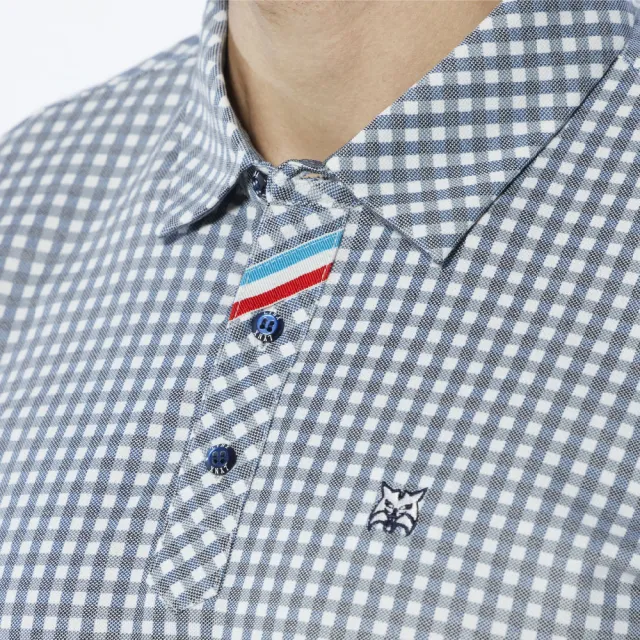 【Lynx Golf】男款吸排防菌多功能經典格紋款Lynx植絨設計長袖POLO衫/高爾夫球衫(藍色)