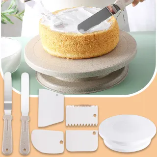 【烘焙套組】烘焙蛋糕造型器具7件套(多功能 蛋糕轉台 蛋糕盤 不鏽鋼抹刀 奶油刀 刮刀 鮮奶油)