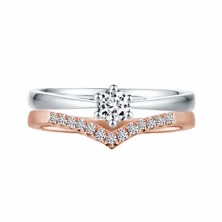 【City Diamond 引雅】14K天然鑽石雙色套戒V型+六爪戒指(可堆疊配戴)