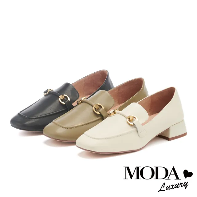 【MODA Luxury】韓系質感造型鼓帶牛皮樂福低跟鞋(綠)