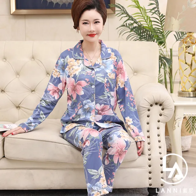 【藍尼居家】現貨 媽媽系列-牛奶滑順花漾居家服(長袖睡衣/兩件式睡衣/居家服/售完不補)