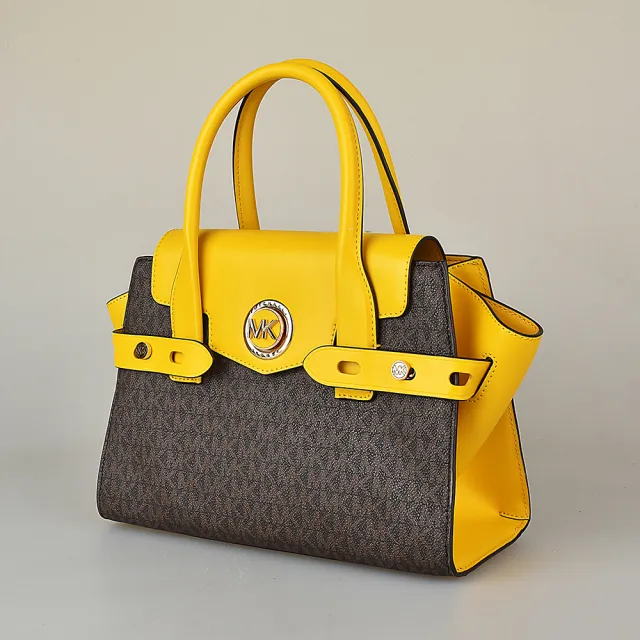 【Michael Kors】MICHAEL KORS CARMEN金字LOGO印花PVC拼接牛皮磁釦式手提斜背包(小/咖啡x向日葵黃)