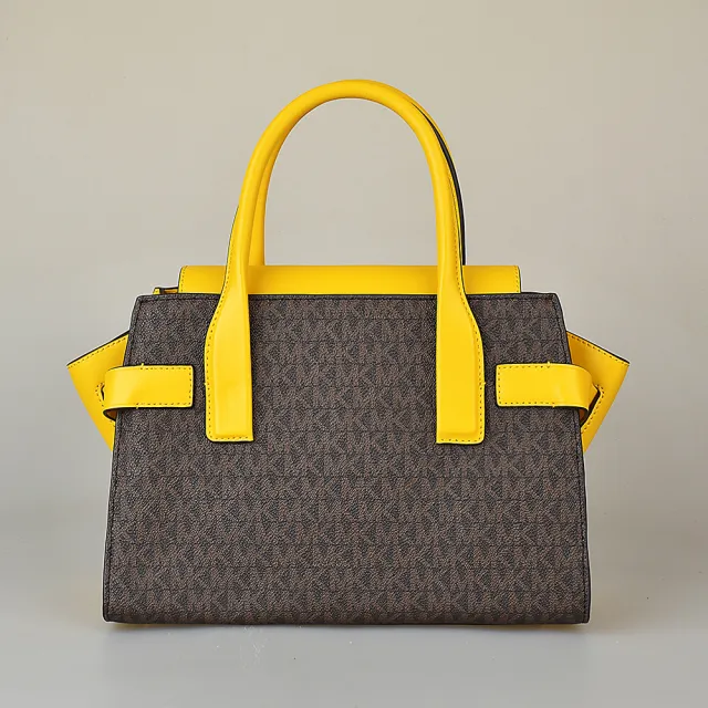 【Michael Kors】MICHAEL KORS CARMEN金字LOGO印花PVC拼接牛皮磁釦式手提斜背包(小/咖啡x向日葵黃)