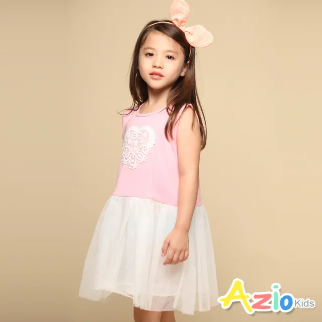 【Azio Kids 美國派】女童 洋裝 蕾絲小白花刺繡無袖網紗洋裝(粉)